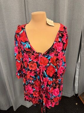 Bloom Chic Vibrant Floral Tie-Front Blouse in Hot Pink & Red